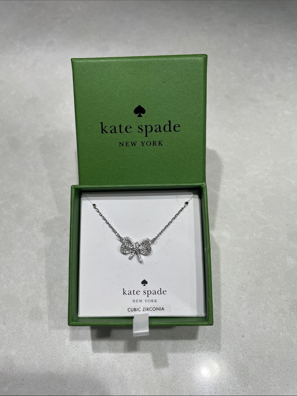 New Kate Spade Bow Meets Girl Pave Short Mini Pendant Necklace Silver with & box - Picture 13 of 14